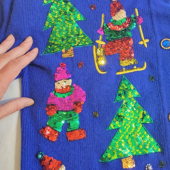 VTG Marisa Christina Classics Lambswool Angora Christmas Sequin Cardigan Blue S - Picture 11 of 16